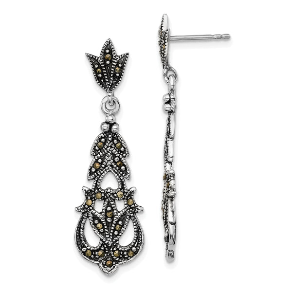 Sterling Silver Rhodium-plated Fancy Textured Marcasite Post Dangle Earring