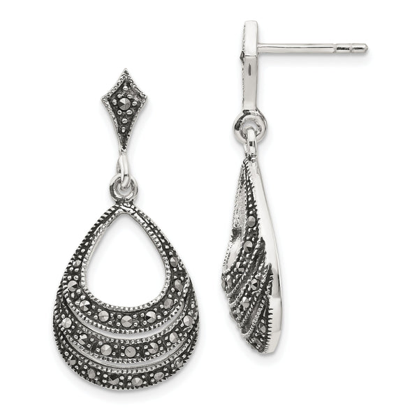 Sterling Silver RH-plated Textured Marcasite Teardrop Post Dangle Earrings