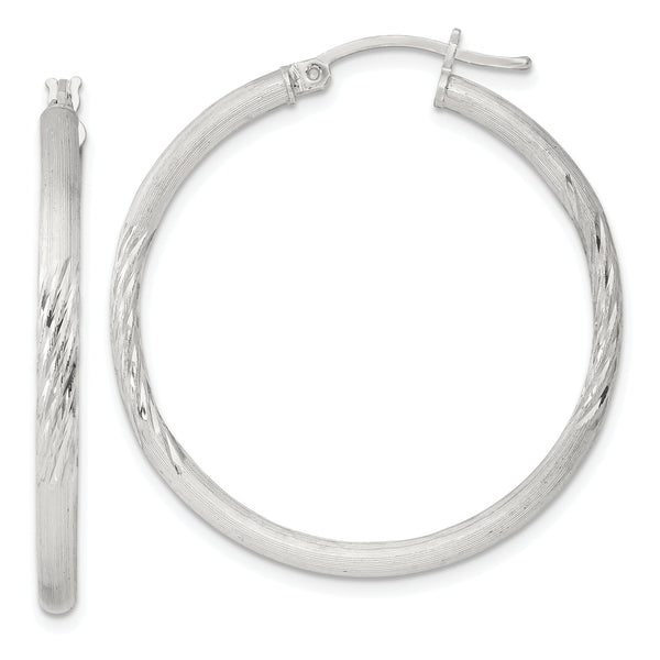 Sterling Silver 2.5mm Polished/Satin D/C Hoop Earrings