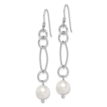 Sterling Silver Rhodium-plated Polished & Twisted White 8-9mm Freshwater Cultured Pearl Dangle Earrings