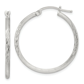 Sterling Silver 2mm Polished/Satin D/C Hoop Earrings