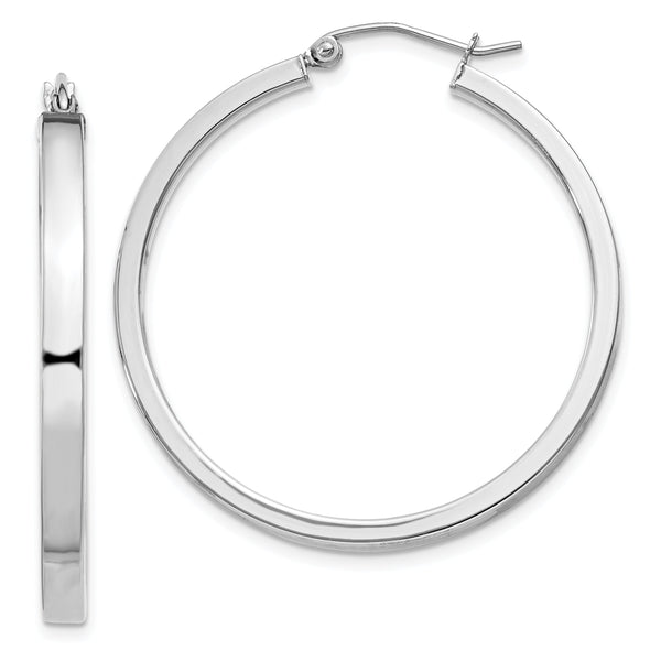 Sterling Silver Rhodium-plated Concave 3x35mm Square Tube Hoop Earrings