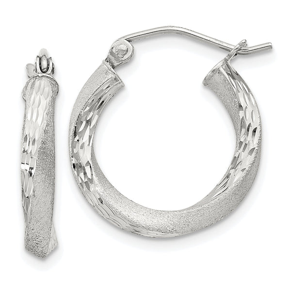Sterling Silver Satin D/C Twisted 3x18mm Hoop Earrings