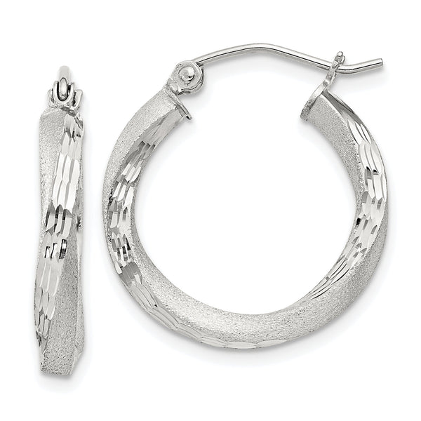 Sterling Silver Satin D/C Twisted 3x20mm Hoop Earrings