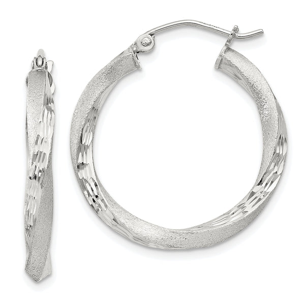Sterling Silver Satin D/C Twisted 3x25mm Hoop Earrings