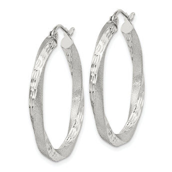 Sterling Silver Satin D/C Twisted 3x30mm Hoop Earrings