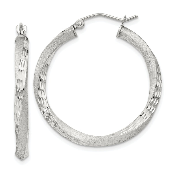 Sterling Silver Satin D/C Twisted 3x30mm Hoop Earrings