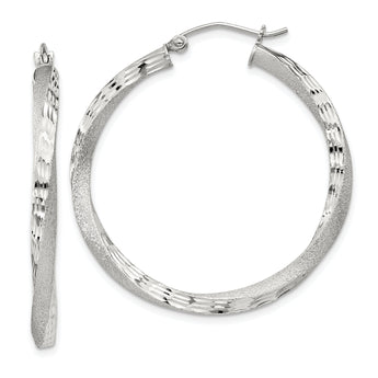Sterling Silver Satin D/C Twisted 3x35mm Hoop Earrings