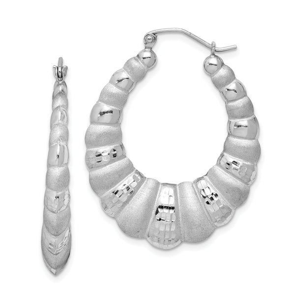 Sterling Silver Rhodium-plated Satin & D/C Shrimp Oval Hoop Earrings