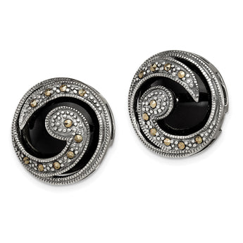 Sterling Silver Antiqued Onyx & Marcasite Round Wave Post Earrings - Birthstone Company