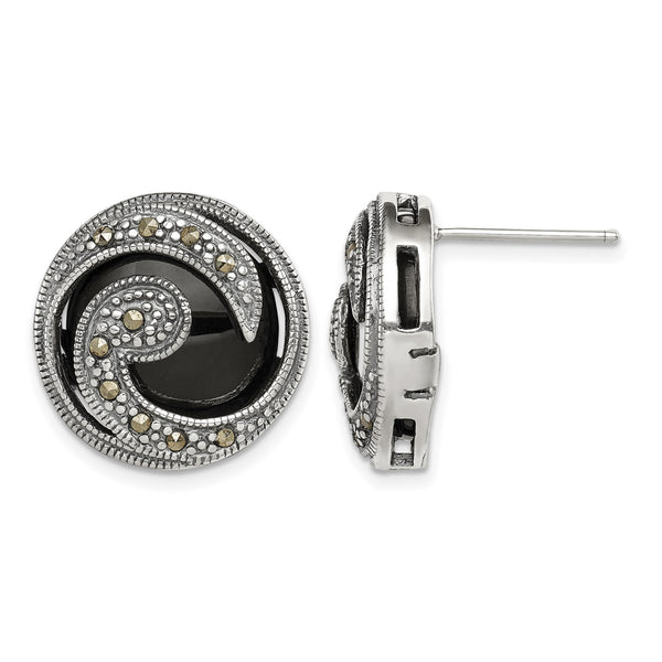 Sterling Silver Antiqued Onyx & Marcasite Round Wave Post Earrings - Birthstone Company