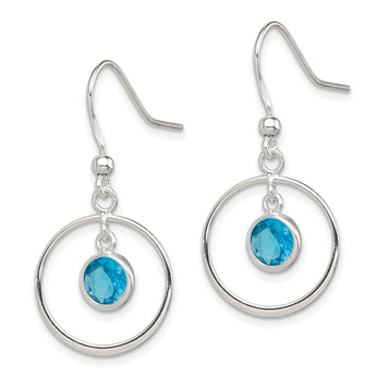 Sterling Silver Polished Blue CZ Circle Dangle Earrings