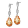 Sterling Silver Rhodium-plated Polished & Textured Champagne & White CZ Teardrop Post Dangle Earrings