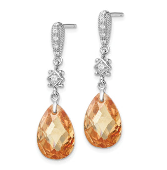 Sterling Silver Rhodium-plated Polished & Textured Champagne & White CZ Teardrop Post Dangle Earrings