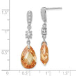 Sterling Silver Rhodium-plated Polished & Textured Champagne & White CZ Teardrop Post Dangle Earrings