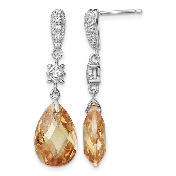 Sterling Silver Rhodium-plated Polished & Textured Champagne & White CZ Teardrop Post Dangle Earrings - Birthstone Company