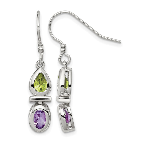 Sterling Silver Rhodium Plated Peridot and Amethyst Dangle Earrings - Birthstone Company