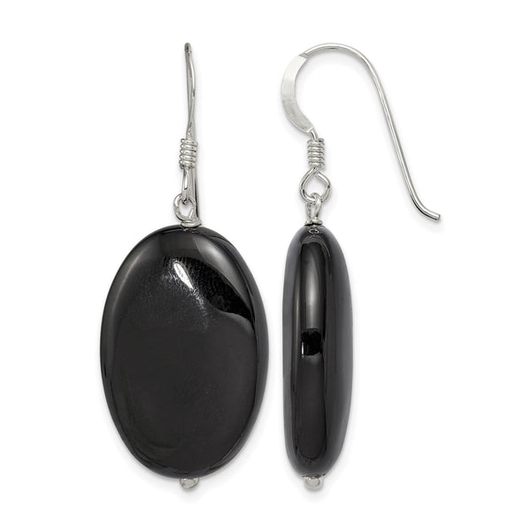 Sterling Silver Polished Black Agate Oval Dangle Earrings - Birthstone Company