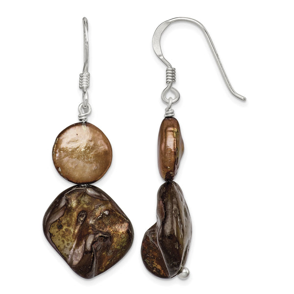 Sterling Silver Polished Brown Mother of Pearl/FWC Pearl Dangle Earrings - Birthstone Company
