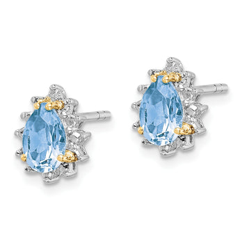 Brilliant Gemstones Sterling Silver with 14K Accent Rhodium-plated Sky Blue Topaz and Diamond Post Earrings - Birthstone Company