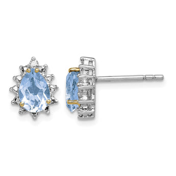 Brilliant Gemstones Sterling Silver with 14K Accent Rhodium-plated Sky Blue Topaz and Diamond Post Earrings - Birthstone Company