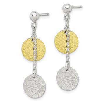 Sterling Silver w/ Yellow Vermeil Polished & Textured Circle Dangle Earring