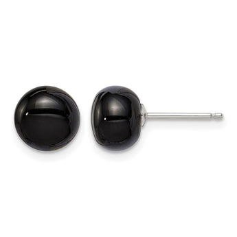 Sterling Silver Rhod-pltd 8-8.5mm Black Agate Button Post Earrings - Birthstone Company
