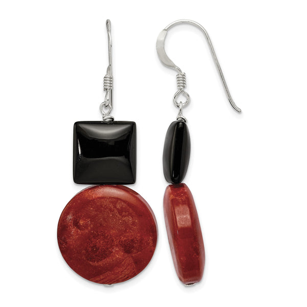 Sterling Silver Polished Black Agate & Recon. Red Coral Dangle Earrings - Birthstone Company