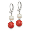 Sterling Silver Rhod-pltd FWC Pearl/Recons. Red Coral Dangle Earrings - Birthstone Company