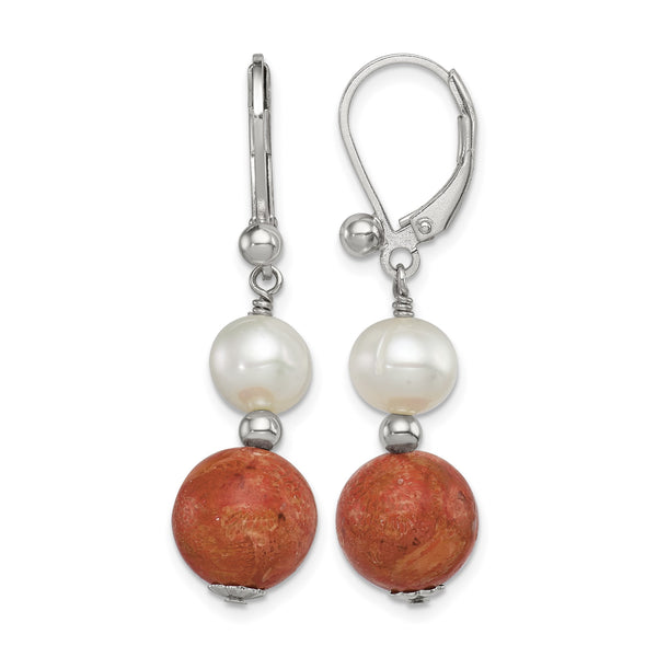 Sterling Silver Rhod-pltd FWC Pearl/Recons. Red Coral Dangle Earrings - Birthstone Company