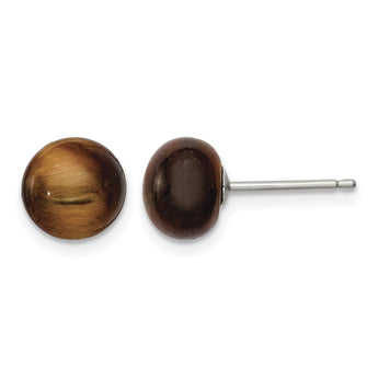 Sterling Silver Rhod-pltd 8-8.5mm Tiger's Eye Button Post Earrings - Birthstone Company