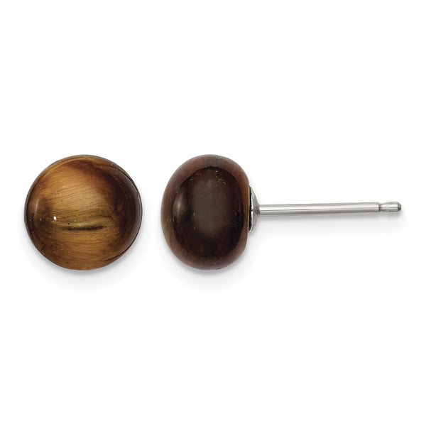 Sterling Silver Rhod-pltd 8-8.5mm Tiger's Eye Button Post Earrings - Birthstone Company