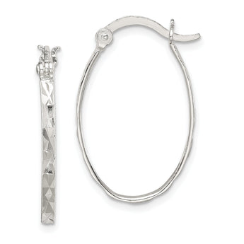 Sterling Silver Rhod-plated Polished/Textured 2mm Oval Hoop Earrings