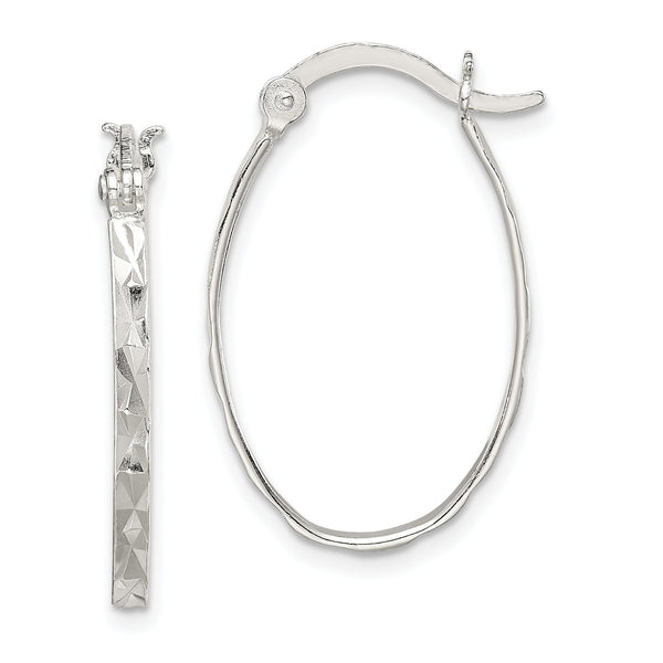 Sterling Silver Rhod-plated Polished/Textured 2mm Oval Hoop Earrings