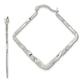 Sterling Silver Rhod-pltd Polished/Hammered Square Hoop Earrings