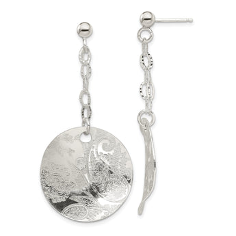 Sterling Silver Polished & Textured Fancy Circle Post Dangle Earrings