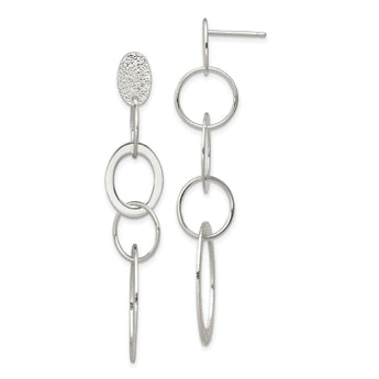 Sterling Silver Polished & Textured Circle & Oval Links Post Dangle Earring
