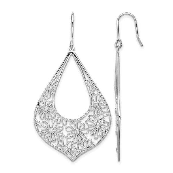 Sterling Silver Rhodium-plated Polished CZ Floral Teardrop Dangle Earrings - Birthstone Company