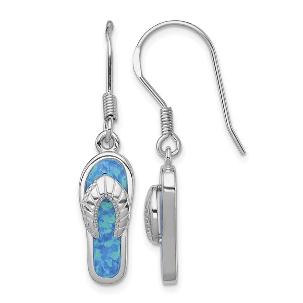 Sterling Silver Rhod-pltd Created Blue Inlay Opal Sandal Dangle Earrings - Birthstone Company