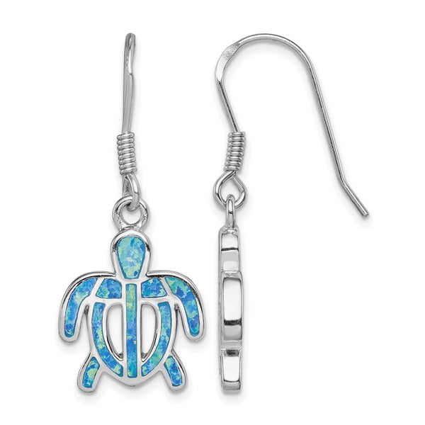 Sterling Silver Rhod-pltd Created Blue Opal Inlay Tortoise Dangle Earrings - Birthstone Company