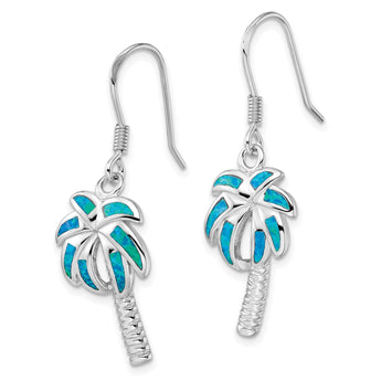 Sterling Silver Rhodium-plated Created Blue Opal Inlay Palm Tree Dangle Earrings - Birthstone Company