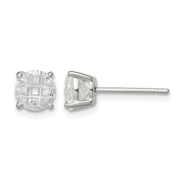 Sterling Silver 6mm Round Basket Set Laser-cut CZ Stud Earrings - Birthstone Company