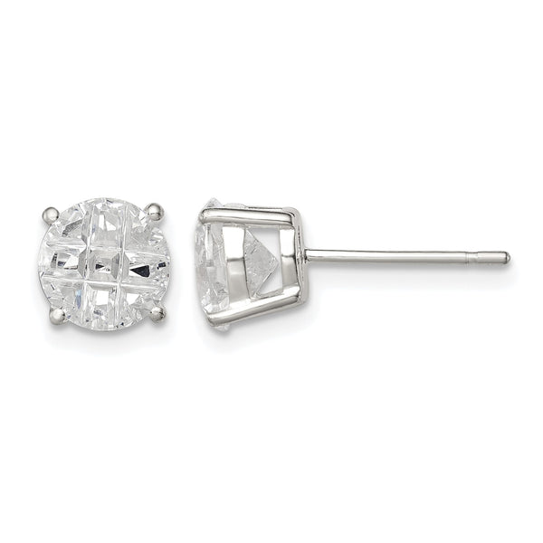 Sterling Silver 7mm Round Basket Set Laser-cut CZ Stud Earrings - Birthstone Company
