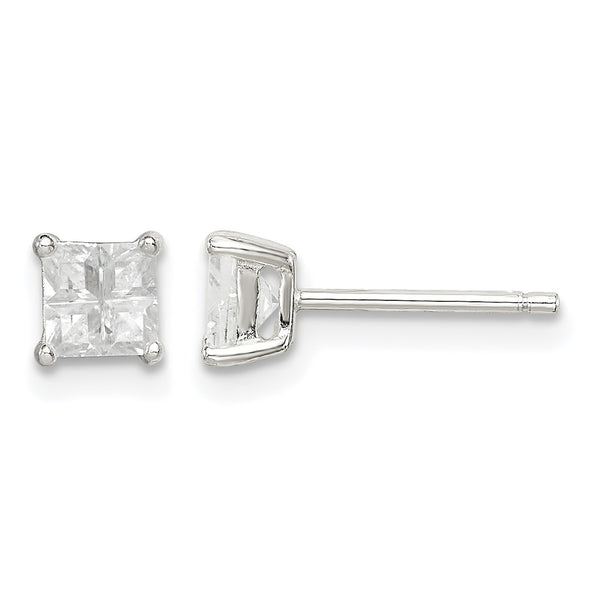 Sterling Silver 4mm Square Cross-cut CZ Basket Set Stud Earrings - Birthstone Company