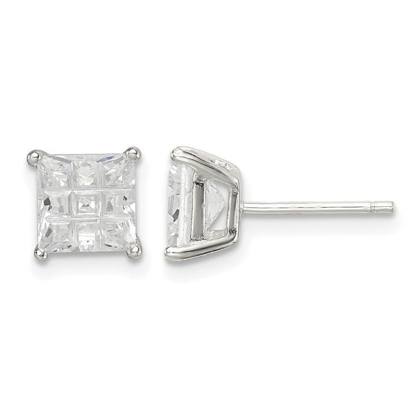 Sterling Silver 6mm Square Laser-cut CZ Basket Set Stud Earrings - Birthstone Company