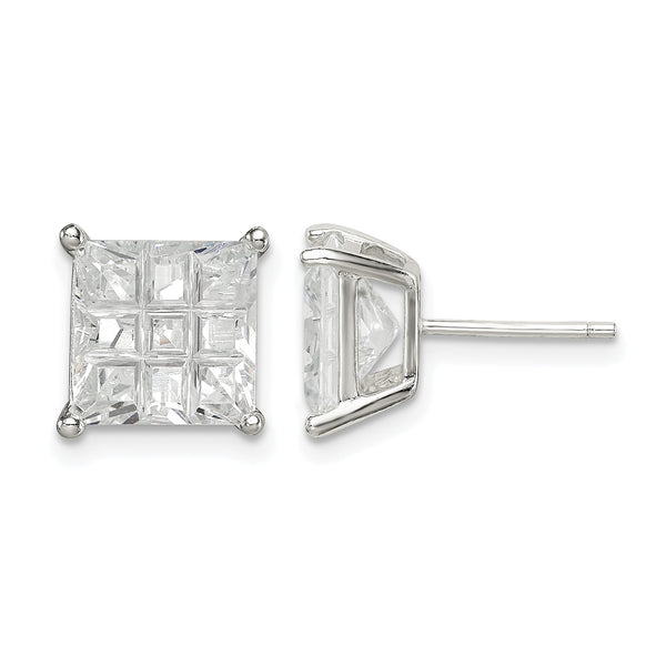 Sterling Silver 8mm Square Laser-cut CZ Basket Set Stud Earrings - Birthstone Company