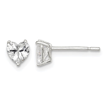 Sterling Silver Polished 5mm Heart 3 Prong Basket Set CZ Stud Earrings - Birthstone Company