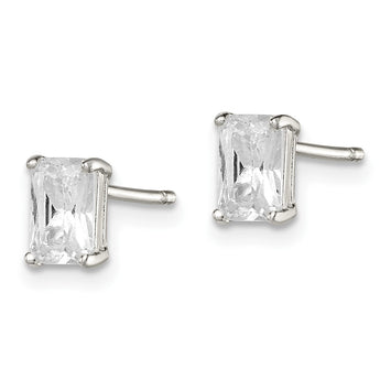 Sterling Silver Polished Emerald-cut 6x4mm Basket Set CZ Stud Earrings - Birthstone Company