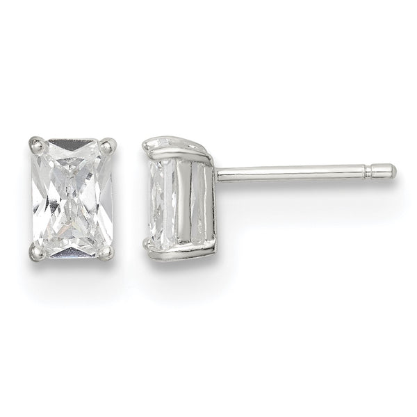 Sterling Silver Polished Emerald-cut 6x4mm Basket Set CZ Stud Earrings - Birthstone Company