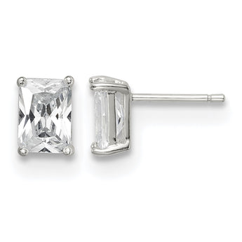 Sterling Silver Polished Emerald-cut 7x5mm Basket Set CZ Stud Earrings - Birthstone Company